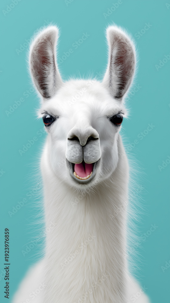 Fototapeta premium White llama portrait with funny expression isolated on blue background