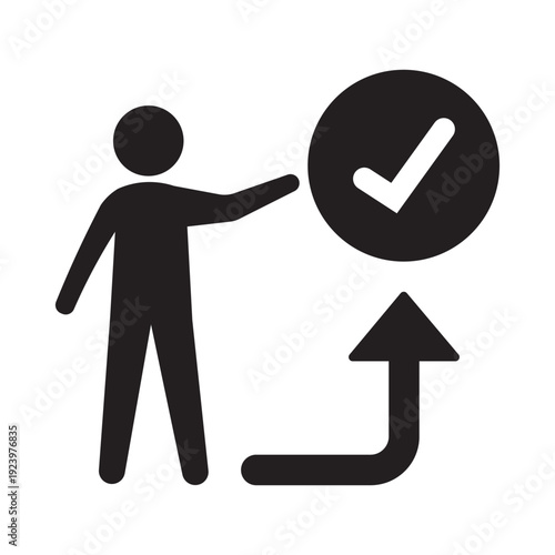 Silhouette of a person pointing toward a checkmark inside a circle with an upward arrow. Symbolizing task completion, positive results, goal achievement, and professional approval.