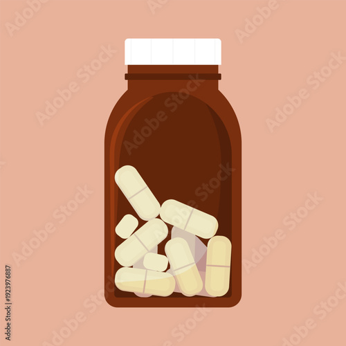 Medicine bottle with capsules. Pharmaceutical supplement vector illustration for healthcare infographics, pharmacy app interfaces, vitamin supplement branding, and medical education materials