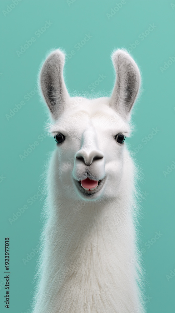 Fototapeta premium White llama portrait with funny expression isolated on blue background