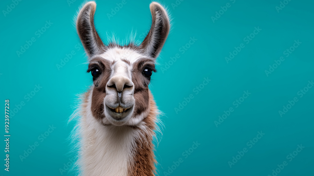Fototapeta premium Llama portrait with long ears isolated on blue background