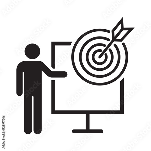 A professional figure pointing to a target with an arrow hitting the bullseye on a presentation board. Ideal for business strategy, marketing goals, and performance tracking concepts.