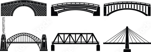 Set of six diverse bridge silhouettes including arch, truss, cable-stayed, and stone masonry styles isolated on white background for architectural engineering and urban design