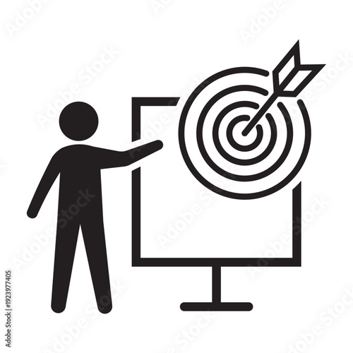A professional figure pointing to a target with an arrow hitting the bullseye on a presentation board. Ideal for business strategy, marketing goals, and performance tracking concepts.