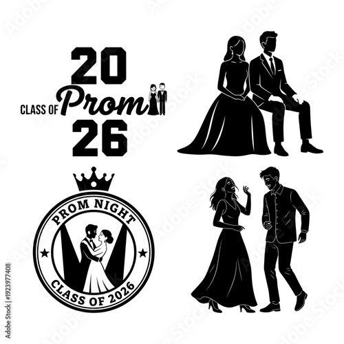 Prom typography and dance silhouette bundle with crowned text seal and couples
