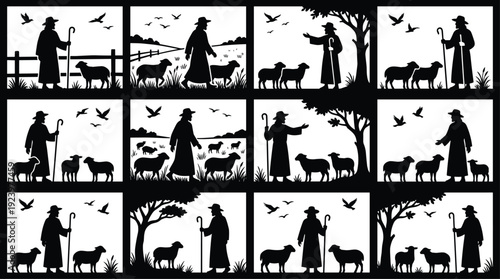 Shepherd with sheep pastoral silhouette scenes illustrating rural farming life, livestock grazing, countryside landscape, and traditional agriculture concepts
