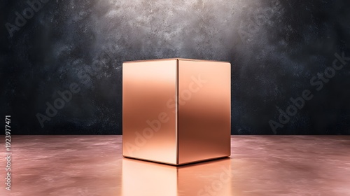 Metallic Cube in Contemporary Setting: A polished metal cube, reflecting the surrounding environment, sits elegantly on a smooth, reflective surface, with an abstract backdrop. 