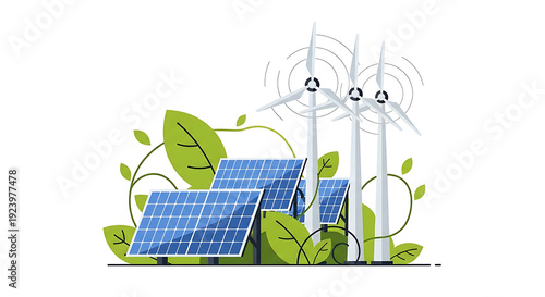 Renewable Energy and Sustainable Power Flat Vector Illustration.