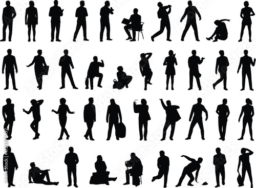 "Collection of diverse human silhouettes in various poses, standing, walking, sitting, dancing, gesturing, holding objects, dynamic posture set"