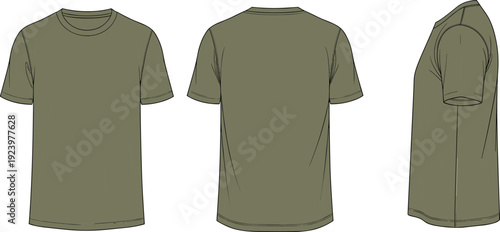 Olive Green T-shirt Mockup Featuring Front Back and Side View for Casual Apparel Branding Corporate Uniform Design Fashion Template and Clothing Display Graphics