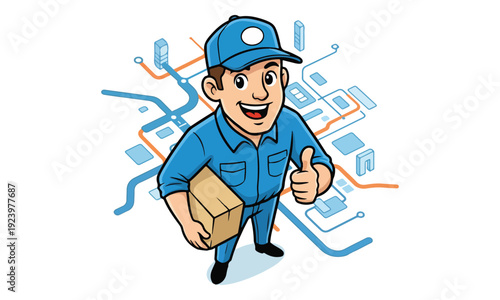 Delivery Man Holding Package Giving Thumbs Up on City Map