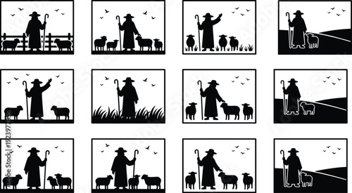 Shepherd and sheep pastoral silhouette icon collection depicting rural farming scenes, livestock grazing, countryside landscapes, and traditional agriculture lifestyle concepts