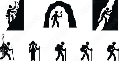 Rock climbing, cave exploration, and hiking adventure silhouette icon set featuring trekking, mountaineering, and outdoor expedition activities for travel concepts