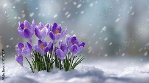 Purple crocus flowers blooming in early spring with soft snowfall