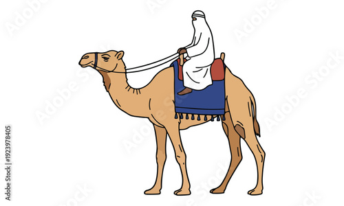 Middle Eastern Man Riding a Camel in Traditional Clothing Illustration