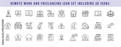 Remote work and freelancing icon set including 30 icons: