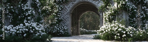 Ancient stone archway framed by abundant white blossoms leads toward a shadowy forest clearing