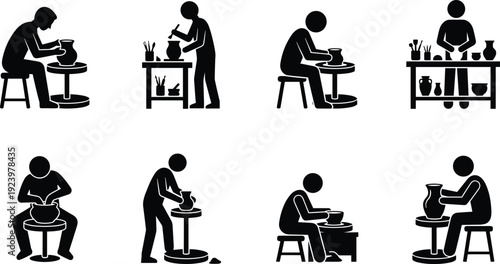 Pottery making and ceramic crafting silhouette icon set featuring artisan wheel work, clay shaping, and handmade pottery production concepts