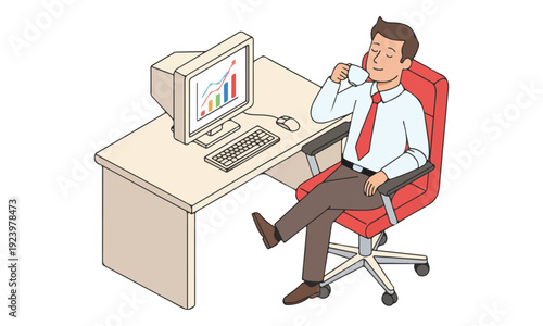 Businessman relaxing at office desk with coffee and sales growth chart