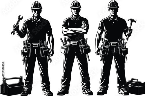 Construction worker silhouettes with tools black and white builder handyman carpenter industrial labor vector illustration graphic design