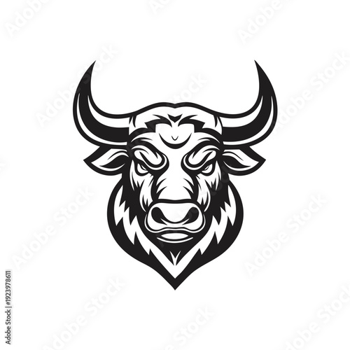 Intimidating black and white bull portrait displays fierce eyes and powerful horns clearly