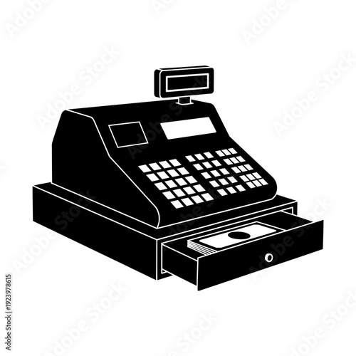 Cash register with open drawer.