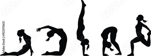 Female Yoga and Gymnastics Silhouettes in Backbend, Handstand and Stretching Poses Isolated on White Background