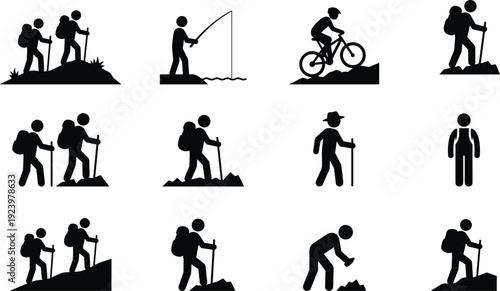 Outdoor adventure and hiking activity silhouette icon set featuring trekking, fishing, cycling, and mountain exploration concepts for travel and recreation design