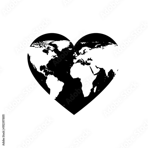 Black Heart Shape with World Map Inside.