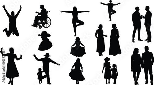 People activity silhouette collection featuring dancing, walking, family interaction, wheelchair user, and social lifestyle poses representing diversity and everyday human activities