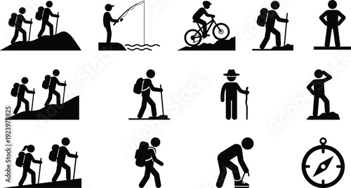 Outdoor adventure activity silhouette icon collection featuring hiking, trekking, cycling, fishing, exploration, and navigation symbols for travel and recreation concepts