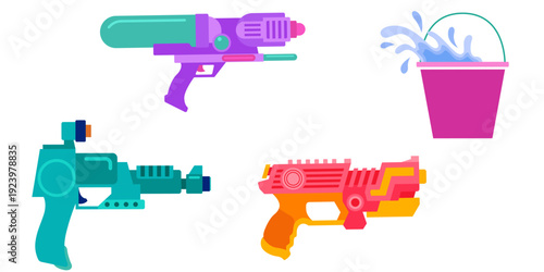 Collection of colorful water guns and a bucket of water for summer fun.