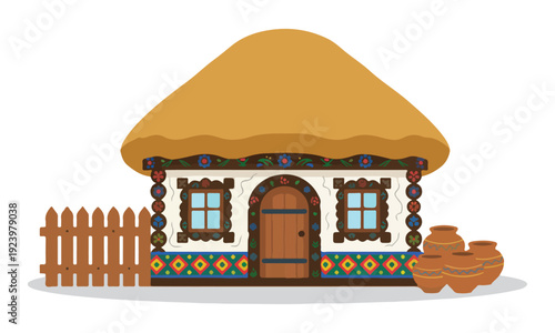 Petrykivka Style Ukrainian House with Thatched Roof and Pottery