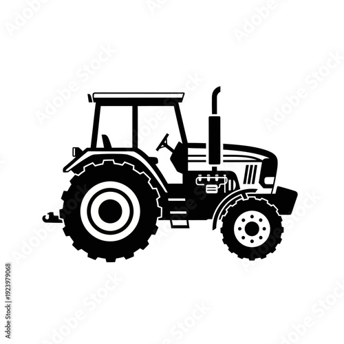 Black and White Tractor Illustration Side View.