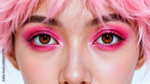 Closeup of a person with pink hair and glittery eye makeup