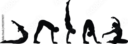 Gymnastics and Yoga Silhouettes in Flexible Backbend and Handstand Poses Isolated on White Background
