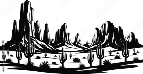Black and white desert landscape with towering mesas, cacti silhouettes and dramatic western canyon scenery illustration vector art graphic design