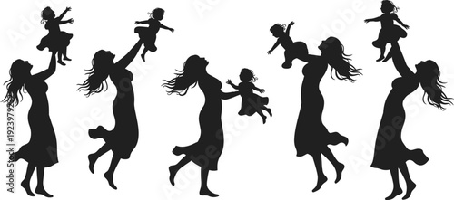 Happy Mother and Daughter Silhouettes Playing and Lifting Child in Loving Family Moments Isolated on White BackgroundHappy Mother and Daughter Silhouettes Playing and Lifting 