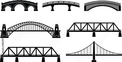 Set of various bridge silhouettes including arch, truss, suspension, and stone styles isolated on white background for architectural design, engineering icons, and urban projects