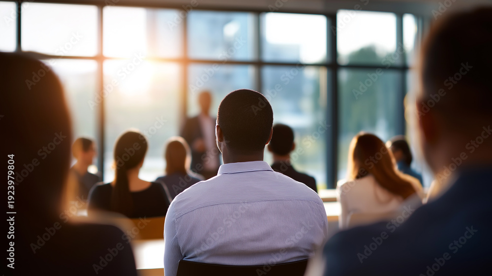 Fototapeta premium Audience attending business conference seminar in modern auditorium.
