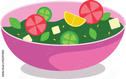 Bright vector illustration of a fresh green salad in a pink bowl with tomato slices, cucumber, lemon, cheese cubes and basil leaves. Healthy food concept isolated on light background, perfect for menu