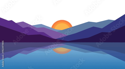 Stylized Mountain Sunset Reflected in Serene Lake - Vector Landscape