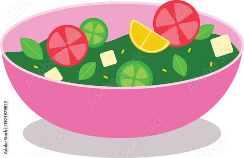 Bright vector illustration of a fresh green salad in a pink bowl with tomato slices, cucumber, lemon, cheese cubes and basil leaves. Healthy food concept isolated on light background, perfect for menu