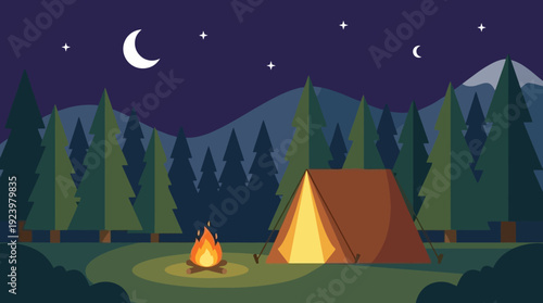 Serene night camping adventure under starry sky with cozy campfire