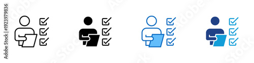 Employee Evaluation Multiple Style Icon Design Vector - Person with document and checkmarks representing employee evaluation, performance review, and recruitment screening
