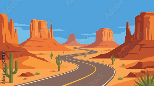 Winding Highway Through Majestic Desert Landscape with Iconic Rock Formations