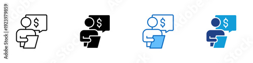 Financial Consultation Multiple Style Icon Design Vector - Person holding document with dollar speech bubble representing financial advice, money discussion, and business consultation