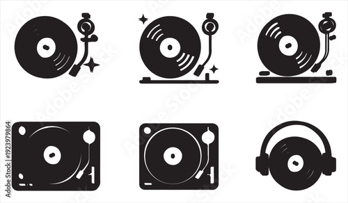 Minimal Black Turntable and Audio Equipment Vector Icon Set