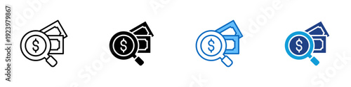 Money Audit Multiple Style Icon Design Vector - Dollar coin with magnifier and banknotes representing financial audit, expense review, and cost inspection