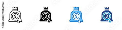 Financial Review Multiple Style Icon Design Vector - Money bag with magnifier representing financial review, fund analysis, and asset inspection